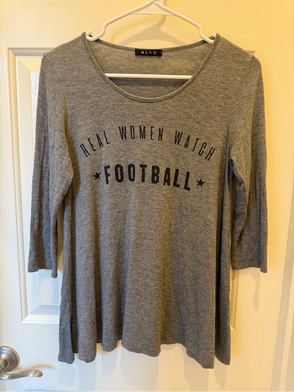 BLVD Gray Scoop Neck Long Sleeve Top with 'Real Women Watch Football' Graphic